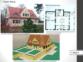 (http://www.hobbyuo.de/pots2.htm Acesso em 02/04/2014)
(http://en.wikiarquitectura.com/images/3/33/Casa_Riehl_Pl
anta.jpg Acesso em 02/04/2014)
(http://en.wikiarquitectura.com/index.php/File:Villa_Riehl_3D1.jpg Acesso em 02/04/2014)
1907
Casa Riehl
 