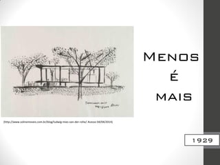 Menos
é
mais
(http://www.solinemoveis.com.br/blog/ludwig-mies-van-der-rohe/ Acesso 04/04/2014)
1929
 