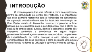INTRODUÇÃO
O presente projeto traz uma reflexão a cerca do extrativismo
dentro da comunidade do Centro dos Pretinhos, e a importância
que essa palmeira representa para a reprodução da subsistência
da população desta localidade, que fica localizada no município de
Dom Pedro, estado do Maranhão, visando compreender a forte
relação que se estabelece entre a população local com a planta do
babaçu no âmbito social, cultural, político e econômico, quanto aos
interesses comerciais e econômicos de alguns órgãos
governamentais e não-governamentais que participam do processo
de industrialização da matriz principal, o coco babaçu, até a
comercialização dos seus derivados e como se realiza uma ampla
diversificação na forma de utilização e aproveitamento do babaçu.
 