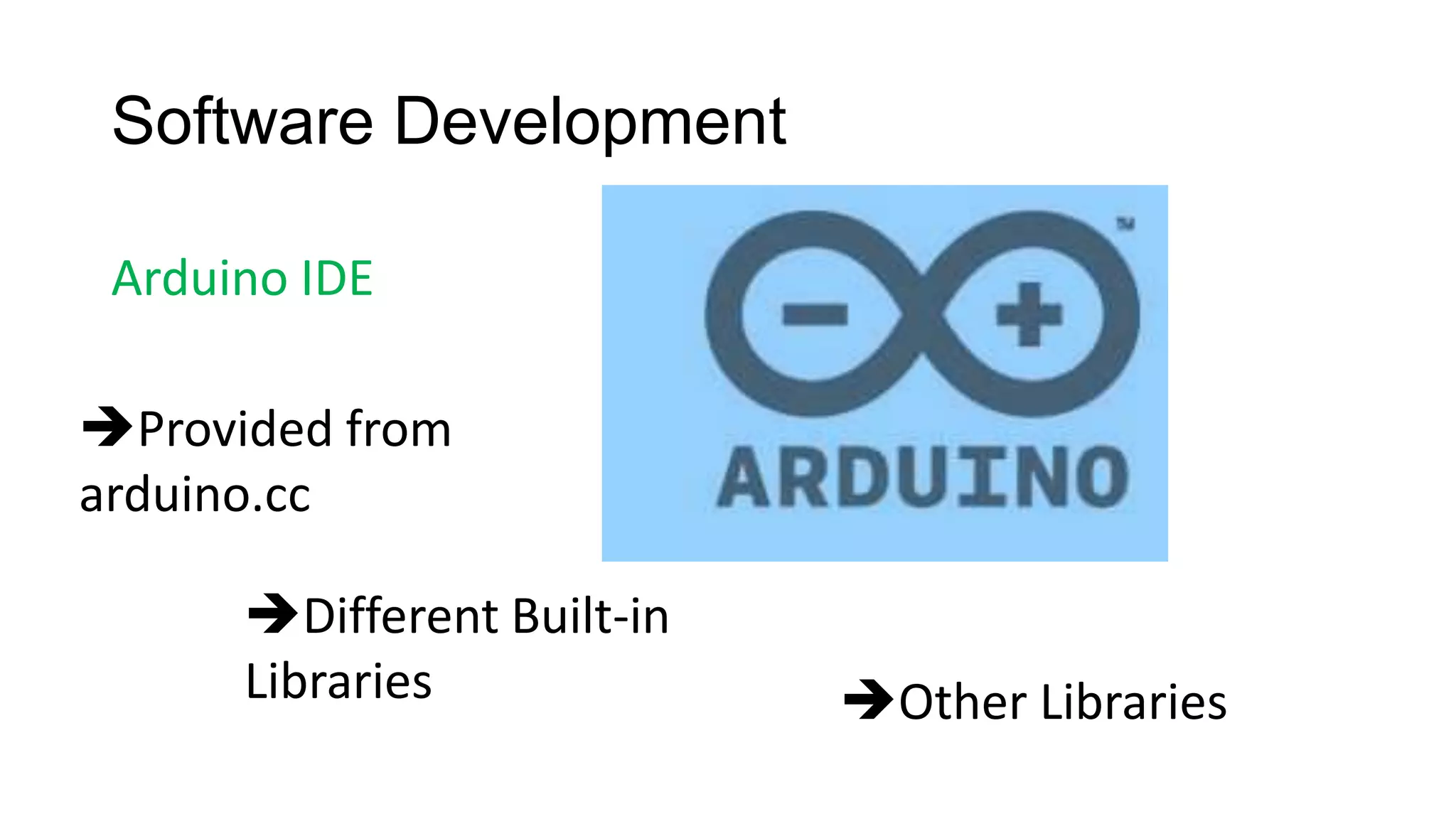 Software Development
Arduino IDE
Provided from
arduino.cc
Different Built-in
Libraries Other Libraries
 