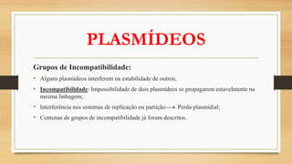 PLASMÍDEOS
Grupos de Incompatibilidade:
• Alguns plasmídeos interferem na estabilidade de outros;
• Incompatibilidade: Impossibilidade de dois plasmídeos se propagarem estavelmente na
mesma linhagem;
• Interferência nos sistemas de replicação ou partição Perda plasmidial;
• Centenas de grupos de incompatibilidade já foram descritos.
 