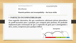 • PARTIÇÃO INCOMPATIBILIDADE
Uma sugestão alternativa, diz que centrômeros adicionais privam plasmídeos
da parB necessária para a partição, por competir pela proteína, foi proferida
implausível pela constatação de que a expressão do gene par é autoregulada e
deve, assim, compensar para qualquer déficit.
 