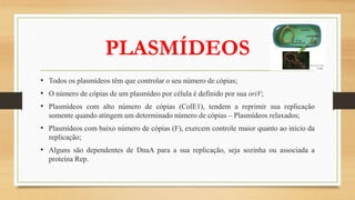 PLASMÍDEOS
• Todos os plasmídeos têm que controlar o seu número de cópias;
• O número de cópias de um plasmídeo por célula é definido por sua oriV;
• Plasmídeos com alto número de cópias (ColE1), tendem a reprimir sua replicação
somente quando atingem um determinado número de cópias – Plasmídeos relaxados;
• Plasmídeos com baixo número de cópias (F), exercem controle maior quanto ao início da
replicação;
• Alguns são dependentes de DnaA para a sua replicação, seja sozinha ou associada a
proteína Rep.
 