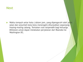 Next
 Waktu tempuh antar kota ( dalam jam, yang dipengaruhi oleh jenis
jalan dan sejumlah kota-kota menengah) ditunjukkan sepanjang
masing-masing cabang. Tentukan rute terpendek bagi keluarga
Millstone untuk dapat melakukan perjalanan dari Roanoke ke
Washington DC.
 