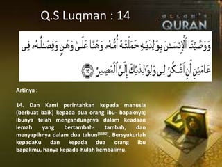 Q.S Luqman : 14

Artinya :
14. Dan Kami perintahkan kepada manusia
(berbuat baik) kepada dua orang ibu- bapaknya;
ibunya telah mengandungnya dalam keadaan
lemah
yang
bertambahtambah,
dan
menyapihnya dalam dua tahun[1180]. Bersyukurlah
kepadaKu dan kepada dua orang ibu
bapakmu, hanya kepada-Kulah kembalimu.

 