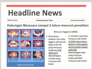 Headline News
MTQ Al-qur’an

Cabang Karya Tulis

Universitas Andalas

Hubungan Menyusui sampai 2 tahun menurut penelitian
Menurut Viggiano (2004) :

Gigitan abnormal

1. Persentase
terkena cross-bite
(gigitan abnormal)
pada anak ASI
yang menyusu
langsung 13%
lebih kecil
dibandingkan
mereka yang
menyusu dari
botol.

2. semakin awal bayi
menyusu dari botol
2x lebih besar besar
terkena risiko gigitan
abnormal/kerusakan
pada gigi
dibandingkan bayi
yang menyusu
langsung/tidak
menyusu dari botol.

 