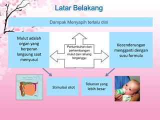 Latar Belakang
Dampak Menyapih terlalu dini

Mulut adalah
organ yang
berperan
langsung saat
menyusui

Pertumbuhan dan
perkembangan
mulut dan rahang
Content
terganggu

Stimulasi otot

Tekanan yang
lebih besar

Kecenderungan
mengganti dengan
susu formula

 