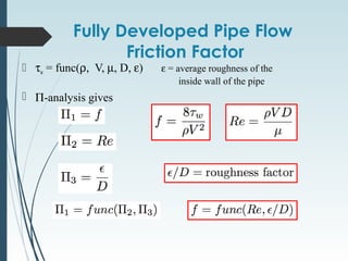 Fully Developed Pipe Flow
Friction Factor
 τw = func(ρ, V, µ, D, ε) ε = average roughness of the
inside wall of the pipe
 Π-analysis gives
 