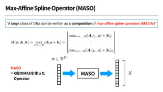 <latexit sha1_base64="cMrtMzvn4NG+7k/rWFifrZke5Q4=">AAAChHichVG7SgNBFD1ZNcZ31EawCQbFQsJE4wMLCdoINiYxUYgiu+skDm52l91JIAZ/QFvFwkrBQvwAP8DGH7DIJ4hlBBsLbzYLokG9y+ycOXPPnTNzNdsQrmSsHlA6OruC3aGe3r7+gcGh8PBIzrXKjs6zumVYzo6mutwQJs9KIQ2+YztcLWkG39aO1pr72xXuuMIyt2TV5nsltWiKgtBVSVRqYz8cZTHmRaQdxH0QhR+bVvgBuziABR1llMBhQhI2oMKlL484GGzi9lAjziEkvH2OE/SStkxZnDJUYo/oX6RV3mdNWjdrup5ap1MMGg4pI5hkz+yONdgTu2cv7OPXWjWvRtNLlWatpeX2/tDpWOb9X1WJZonDL9WfniUKWPK8CvJue0zzFnpLXzm+bGSW05O1KXbDXsn/NauzR7qBWXnTb1M8ffWHH4280ItRg+I/29EOcrOx+EIskUpEk6t+q0IYxwSmqR+LSGIdm8hSfY4znONCCSozypwy30pVAr5mFN9CWfkEdqOPyw==</latexit>
K
<latexit sha1_base64="SX+cUk0bt832iGox/GTAFgu/TOQ=">AAACnHichVG7SgNBFL2urxgfiVooCBIMEaswkaBiJZpCEMEk5gGJhp11kgzZF7uToC75AX/AwkrFQtTaD7DxByzyCWIZwcbCm82CqKh3mZ0zZ+65c2YuNVVuC0JaPVJvX//AoG/IPzwyOhYIjk9kbaNuKSyjGKph5alsM5XrLCO4UFnetJisUZXlaG2js59rMMvmhr4rjky2p8kVnZe5IgukSsGpItWcw2aoyPVQUZNFlVIn1dxPlIJhEiVuhH6CmAfC4MWOEbyHIhyAAQrUQQMGOgjEKshg41eAGBAwkdsDBzkLEXf3GTTBj9o6ZjHMkJGt4b+Cq4LH6rju1LRdtYKnqDgsVIYgQp7INWmTR3JDnsn7r7Uct0bHyxHOtKtlZilwMp1++1el4Syg+qn607OAMqy4Xjl6N12mcwulq28cn7bTq6mIM08uyAv6Pyct8oA30BuvylWSpc7+8EPRC74YNij2vR0/QXYxGluKxpPx8Nq61yofzMAcLGA/lmENNmEHMq6vS7iFO2lWSkhb0nY3VerxNJPwJaTsB6B/mVE=</latexit>
x 2 RD
"A large class of DNs can be written as a composition of max-aﬃne spline operators (MASOs)"
 