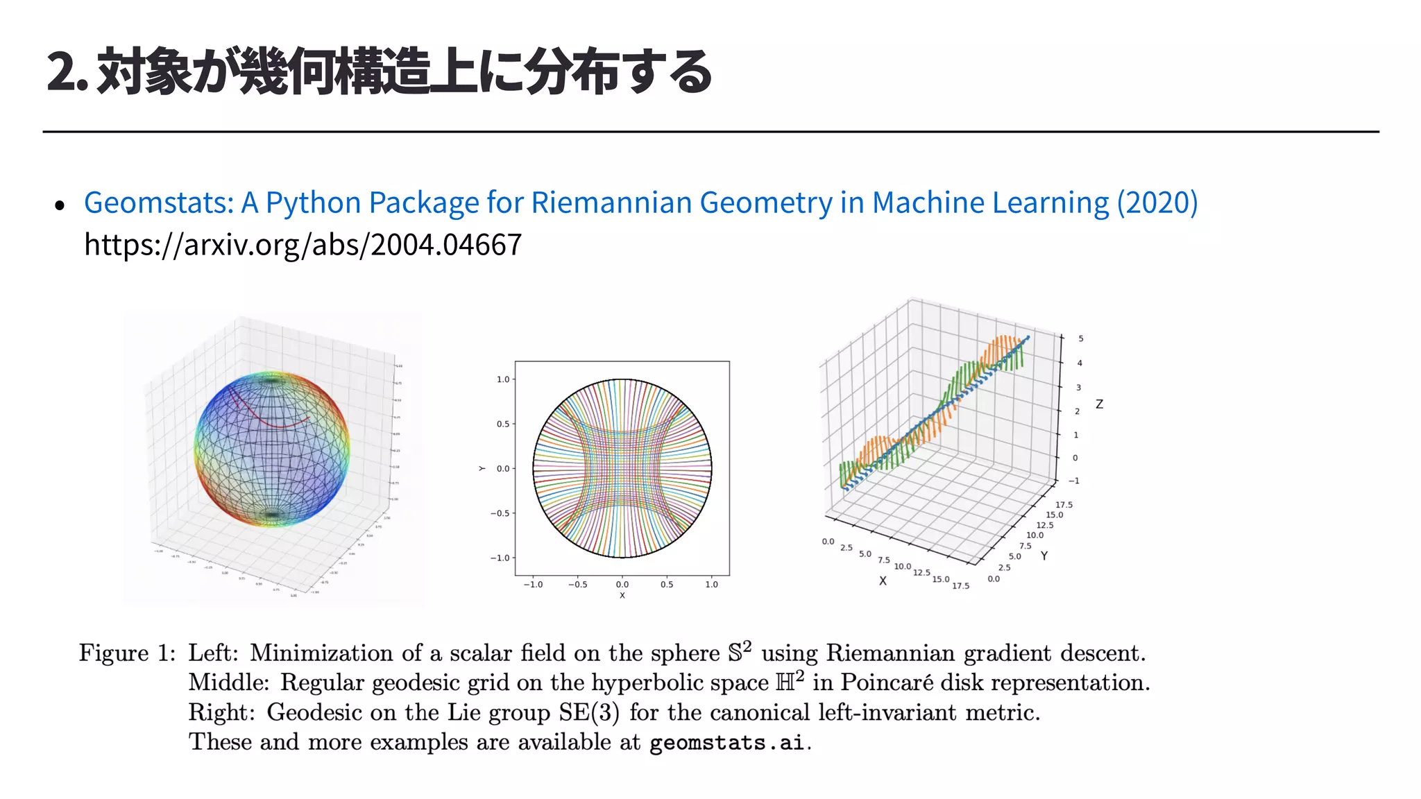2.対象が幾何構造上に分布する
• Geomstats: A Python Package for Riemannian Geometry in Machine Learning (2020)
https://arxiv.org/abs/2004.04667
 