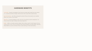 HARDWARE BENEFITS
Lock Guide:- Prevents the damage of locks when the shutter gets locked from the receiver.
I.e., It prevents striking of shutter frame with the outer tracks when closed harshly.
Anti Lift Interlock:- Anti lifts are designed to prevent lifting of the shutter once installed,
Either from inside or from outside.
Wool Pile:- It prevents leakage of water and dust and maintains internal temperature. Its
silicon bristles are water-resistant and ensure longer life.
EPDM :- EPDM is a Durable Synthetic Rubber which reduces metal to metal Impact (Friction
Losses) which in turn can say as reduces wear and tear between two metal bodies. Generally
these EPDM’s are used in Interlock Portion, Glass Packing, & Frame and Shutters.
 