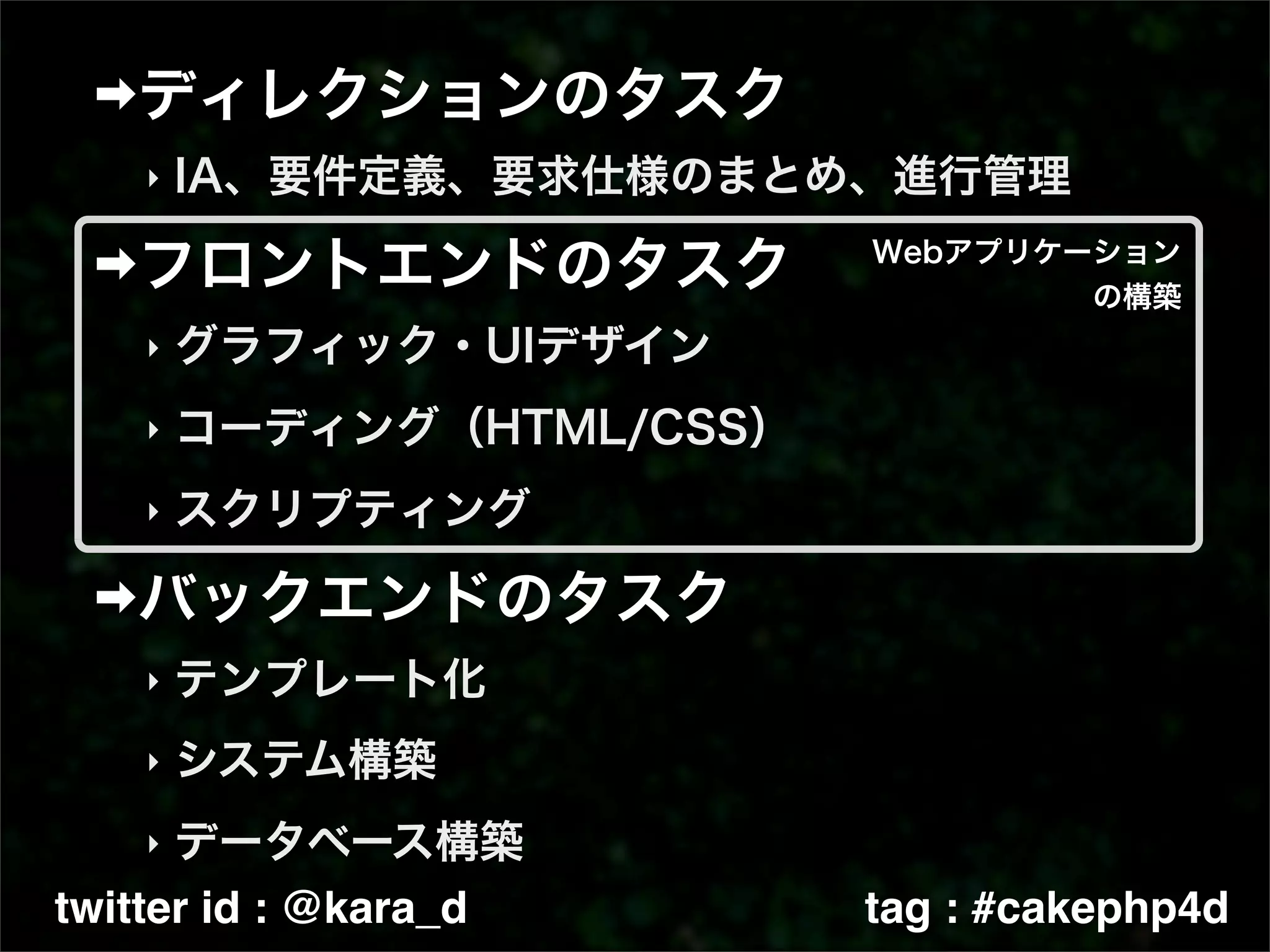‣




    ‣

    ‣

    ‣




    ‣

    ‣

    ‣

twitter id : @kara_d   tag : #cakephp4d
 