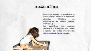 RESGATE TEÓRICO
Segundo os estudos de Jean Piaget, a
criança começa a realizar as operações
aritméticas valendo-se da
manipulação de objetos (contas,
pedrinhas...).
Esta experiência com materiais
concretos é que permite a elas passar
a realizar as contas internamente,
raciocinando de forma abstrata.
 