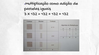 ●Multiplicação como adição de
parcelas iguais
3 x 132 = 132 + 132 + 132
 