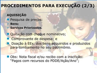 PROCEDIMENTOS PARA EXECUÇÃO (2/3) AQUISIÇÃO Pesquisa de preços: Bens; Serviços Priorizados. Quitação com cheque nominativo; Comprovante de despesa; e Doação à EEx. dos bens adquiridos e produzidos para tombamento no seu patrimônio. Obs: Nota fiscal e/ou recibo com a inscrição: “Pagos com recursos do PDDE/Ação/Ano”; 