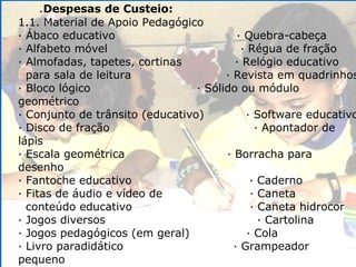. Despesas de Custeio: 1.1. Material de Apoio Pedagógico · Ábaco educativo  · Quebra-cabeça · Alfabeto móvel  · Régua de fração · Almofadas, tapetes, cortinas  · Relógio educativo para sala de leitura  · Revista em quadrinhos · Bloco lógico  · Sólido ou módulo geométrico · Conjunto de trânsito (educativo)  · Software educativo · Disco de fração  · Apontador de lápis · Escala geométrica  · Borracha para desenho · Fantoche educativo  · Caderno · Fitas de áudio e vídeo de  · Caneta conteúdo educativo  · Caneta hidrocor · Jogos diversos  · Cartolina · Jogos pedagógicos (em geral)  · Cola · Livro paradidático  · Grampeador pequeno · Loto numérica  · Perfurador de papel · Material dourado  · Tesoura pequena · Mini-calculadora  · Mini-dicionário p/ uso do aluno 