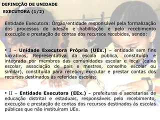 DEFINIÇÃO DE UNIDADE EXECUTORA (1/2) Entidade Executora: Órgão/entidade responsável pela formalização dos processos de adesão e habilitação e pelo recebimento execução e prestação de contas dos recursos recebidos, sendo: I –  Unidade Executora Própria   (UEx.)  – entidade sem fins lucrativos, Representativa da escola pública, constituída e integrada por membros das comunidades escolar e local (caixa escolar, associação de pais e mestres, conselho escolar ou similar), constituída para receber, executar e prestar contas dos recursos destinados às referidas escolas; II –  Entidade Executora   (EEx.)  – prefeituras e secretarias de educação distrital e estaduais, responsáveis pelo recebimento, execução e prestação de contas dos recursos destinados às escolas públicas que não instituíram UEx. 