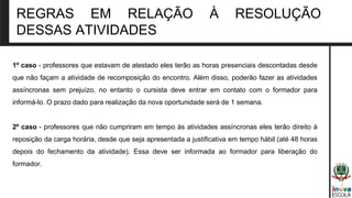 REGRAS EM RELAÇÃO À RESOLUÇÃO
DESSAS ATIVIDADES
1º caso - professores que estavam de atestado eles terão as horas presenciais descontadas desde
que não façam a atividade de recomposição do encontro. Além disso, poderão fazer as atividades
assíncronas sem prejuízo, no entanto o cursista deve entrar em contato com o formador para
informá-lo. O prazo dado para realização da nova oportunidade será de 1 semana.
2º caso - professores que não cumpriram em tempo às atividades assíncronas eles terão direito à
reposição da carga horária, desde que seja apresentada a justificativa em tempo hábil (até 48 horas
depois do fechamento da atividade). Essa deve ser informada ao formador para liberação do
formador.
 