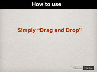 How to use

Simply Drag and Drop

Design your travel
wishbeen.com

 