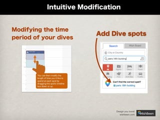 Intuitive Modiﬁcation

Modifying the time
period of your dives

Add Dive spots

Design you travel
wishbeen.com

 