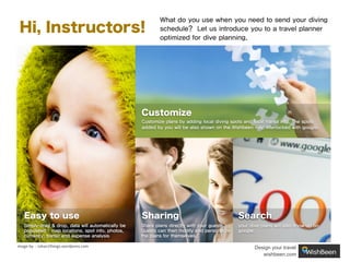Hi, Instructors!

What do you use when you need to send your diving
schedule? Let us introduce you to a travel planner
optimized for dive planning.

Customize
Customize plans by adding local diving spots and local transit info. The spots
added by you will be also shown on the Wishbeen map interlocked with google.

Easy to use

Sharing

Search

Simply drag & drop, data will automatically be
populated : map locations, spot info, photos,
currency, transit and expense analysis

Share plans directly with your guests.
Guests can then modify and personalize
the plans for themselves.

your dive plans will also show up on
google

image by : rohan7things.wordpress.com

Design your travel
wishbeen.com

 