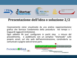 L’avanzamento viene visualizzato da una pratica rappresentazione
grafica che fornisce l'andamento della procedura nel tempo e i
traguardi raggiunti (milestone).
Ogni addetto PA puo’ configurare in pochi step a misura del
procedimento, e pubblicarla con un semplice “shortcode” sulle
proprie email, sul sito web dell’amministrazione, condividerla su
comunicati o pagine web di terze parti.
Presentazione dell’idea o soluzione 2/2
 
