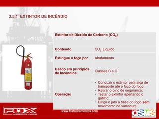 Extintor de Dióxido de Carbono (CO2)
Conteúdo CO2 Líquido
Extingue o fogo por Abafamento
Usado em princípios
de Incêndios
Classes B e C
Operação
 Conduzir o extintor pela alça de
transporte até o foco do fogo;
 Retirar o pino de segurança;
 Testar o extintor apertando o
gatilho;
 Dirigir o jato à base do fogo sem
movimento de varredura
3.5.1 EXTINTOR DE INCÊNDIO
 