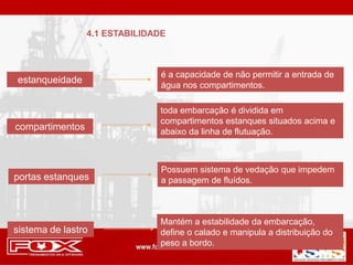 4.1 ESTABILIDADE
estanqueidade
é a capacidade de não permitir a entrada de
água nos compartimentos.
compartimentos
toda embarcação é dividida em
compartimentos estanques situados acima e
abaixo da linha de flutuação.
portas estanques
Possuem sistema de vedação que impedem
a passagem de fluídos.
sistema de lastro
Mantém a estabilidade da embarcação,
define o calado e manipula a distribuição do
peso a bordo.
 
