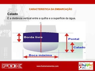 Calado
É a distância vertical entre a quilha e a superfície da água.
CARACTERISTICA DA EMBARCAÇÃO
 
