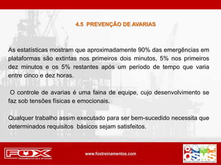 As estatísticas mostram que aproximadamente 90% das emergências em
plataformas são extintas nos primeiros dois minutos, 5% nos primeiros
dez minutos e os 5% restantes após um período de tempo que varia
entre cinco e dez horas.
O controle de avarias é uma faina de equipe, cujo desenvolvimento se
faz sob tensões físicas e emocionais.
Qualquer trabalho assim executado para ser bem-sucedido necessita que
determinados requisitos básicos sejam satisfeitos.
4.5 PREVENÇÃO DE AVARIAS
 