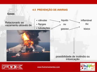 4.5 PREVENÇÃO DE AVARIAS
Relacionado ao
vazamento através de
 válvulas
 flanges
 tubulações gasoso
inflamável
tóxico
liquido
ou ou
possibilidade de incêndio ou
intoxicação
Gases
 
