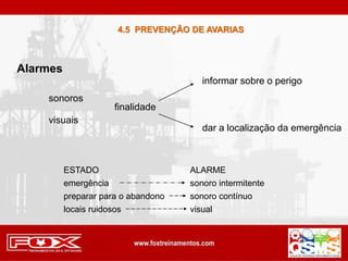Alarmes
sonoros
visuais
finalidade
informar sobre o perigo
dar a localização da emergência
visual
locais ruidosos
sonoro contínuo
preparar para o abandono
sonoro intermitente
emergência
ALARME
ESTADO
4.5 PREVENÇÃO DE AVARIAS
 