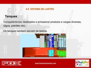 Compartimentos destinados a armazenar produtos e cargas diversas,
(água, petróleo etc) .
Os tanques também servem de lastros.
Tanques
4.8 SISTEMA DE LASTRO
 