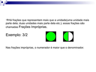 Há frações que representam mais que a unidade(uma unidade mais parte dela; duas unidades mais parte dela etc.); essas frações são chamadas  Frações Impróprias. Exemplo: 3/2 Nas frações impróprias, o numerador é maior que o denominador. 