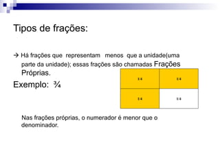 Tipos de frações:    Há frações que  representam   menos  que a unidade(uma parte da unidade); essas frações são chamadas  Frações Próprias. Exemplo:  ¾ Nas frações próprias, o numerador é menor que o denominador. 1/4 1/4 1/4 1/4 