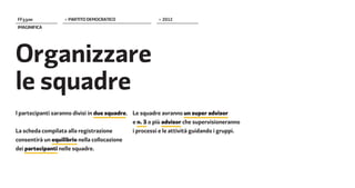 FF����             > PARTITO DEMOCRATICO                > 2012
IMAGINIFICA




Organizzare
le squadre
I partecipanti saranno divisi in due squadre. Le squadre avranno un super advisor
                                              e n. 3 o più advisor che supervisioneranno
La scheda compilata alla registrazione        i processi e le attività guidando i gruppi.
consentirà un equilibrio nella collocazione
dei partecipanti nelle squadre.
 