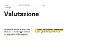FF����              > PARTITO DEMOCRATICO            > 2012
IMAGINIFICA




Valutazione

Durante le tre giornate di attività sarà    La squadra che accumulerà più punteggio
effettuato un monitoraggio continuo         rispetto agli obiettivi specifici vincerà.
che misurerà tutto il lavoro svolto.
 