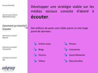 Are you listening?
                          Développer une stratégie viable sur les
                          médias sociaux consiste d’abord à
Qu’est ce que le Social
Media Monitoring ?
                          écouter.
Comment ça marche?
Ecouter                   Des millions de posts sont ciblés parmi un très large
                          panel de données :
Comment ça marche?
Mesurer


                                 Online news                 Photos
Comment ça marche?
Comprendre                       Blogs                       Comments

                                 Forums                      Social Networks
Comment ça marche?
Agir
                                 Videos                      Macromedias
 