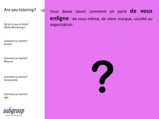 Are you listening?        Vous devez savoir comment on parle     de vous
                          enligne : de vous-même, de votre marque, société ou
Qu’est ce que le Social   organisation.
Media Monitoring ?




Comment ça marche?
Ecouter




                                             ?
Comment ça marche?
Mesurer




Comment ça marche?
Comprendre




Comment ça marche?
Agir
 