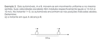 Exemplo 3. Dois automóveis, A e B, movem-se em movimento uniforme e no mesmo
sentido. Suas velocidades escalares têm módulos respectivamente iguais a 15 m/s e
10 m/s. No instante t = 0, os automóveis encontram-se nas posições indicadas abaixo.
Determine:
a) o instante em que A alcança B;
 