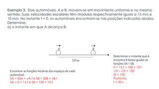 Exemplo 3. Dois automóveis, A e B, movem-se em movimento uniforme e no mesmo
sentido. Suas velocidades escalares têm módulos respectivamente iguais a 15 m/s e
10 m/s. No instante t = 0, os automóveis encontram-se nas posições indicadas abaixo.
Determine:
a) o instante em que A alcança B;
Determinar o instante que A
encontra B basta igualar as
funções SA = SB.
0 + 15.t = 100 + 10.t
15t – 10t = 100
5t = 100
Portanto,
t = 20 s.
Encontrar as funções horárias dos espaços de cada
automóvel.
SA = S0A + vA.t e SB = S0B + vB.t
SA = 0 + 15.t e SB = 100 + 10.t
 