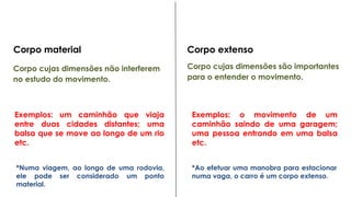 Corpo cujas dimensões não interferem
no estudo do movimento.
Corpo material
Corpo cujas dimensões são importantes
para o entender o movimento.
Corpo extenso
Exemplos: um caminhão que viaja
entre duas cidades distantes; uma
balsa que se move ao longo de um rio
etc.
Exemplos: o movimento de um
caminhão saindo de uma garagem;
uma pessoa entrando em uma balsa
etc.
*Ao efetuar uma manobra para estacionar
numa vaga, o carro é um corpo extenso.
*Numa viagem, ao longo de uma rodovia,
ele pode ser considerado um ponto
material.
 