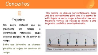 Um ponto material que se
movimenta em relação a
determinado referencial ocupa
diversas posições no de correr do
tempo.
Linha que determina as diversas
posições do objeto ao decorrer do
tempo.
Trajetória
Conceitos
Um menino se desloca horizontalmente, lança
uma bola verticalmente para cima e a apanha de
volta depois de certo tempo. A bola descreve uma
trajetória vertical em relação ao menino e uma
trajetória parabólica em relação ao solo.
 
