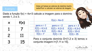 Exemplo
Dada a função f(x) = 4x+3 calcule a imagem para o domínio
sendo 1, 2 e 3.
x f(x)
Como já temos os valores do domínio basta
substituir e calcular os valores da imagem.
1
2
3
f(x) = 4x+3
para x = 1
f(1) = 4.1+3
f(1) = 4+3
f(1) = 7
para x = 2
f(2) = 4.2+3
f(2) = 8+3
f(2) = 11
para x = 3
f(3) = 4.3+3
f(3) = 12+3
f(3) = 15
7
11
15
Para o conjunto domínio D={1,2 e 3} temos o
conjunto imagem I={7,11 e 15}.
 