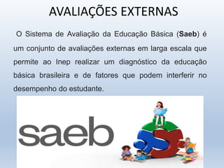 AVALIAÇÕES EXTERNAS
O Sistema de Avaliação da Educação Básica (Saeb) é
um conjunto de avaliações externas em larga escala que
permite ao Inep realizar um diagnóstico da educação
básica brasileira e de fatores que podem interferir no
desempenho do estudante.
 