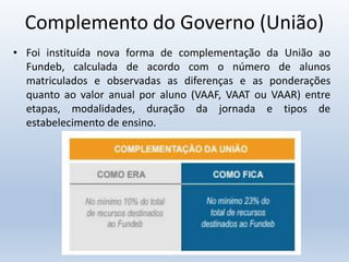 Complemento do Governo (União)
• Foi instituída nova forma de complementação da União ao
Fundeb, calculada de acordo com o número de alunos
matriculados e observadas as diferenças e as ponderações
quanto ao valor anual por aluno (VAAF, VAAT ou VAAR) entre
etapas, modalidades, duração da jornada e tipos de
estabelecimento de ensino.
 