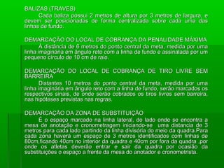BALIZAS (TRAVES)
      Cada baliza possui 2 metros de altura por 3 metros de largura, e
devem ser posicionadas de forma centralizada sobre cada uma das
linhas de fundo.

DEMARCAÇÃO DO LOCAL DE COBRANÇA DA PENALIDADE MÁXIMA
       À distância de 6 metros do ponto central da meta, medida por uma
linha imaginária em ângulo reto com a linha de fundo e assinalada por um
pequeno círculo de 10 cm de raio.

DEMARCAÇÃO DO LOCAL DE COBRANÇA DE TIRO LIVRE SEM
BARREIRA
      Distantes 10 metros do ponto central da meta, medida por uma
linha imaginária em ângulo reto com a linha de fundo, serão marcados os
respectivos sinais, de onde serão cobrados os tiros livres sem barreira,
nas hipóteses previstas nas regras.

DEMARCAÇÃO DA ZONA DE SUBSTITUIÇÃO
      É o espaço marcado na linha lateral, do lado onde se encontra a
mesa de anotação e cronometragem iniciando-se uma distancia de 3
metros para cada lado partindo da linha divisória do meio da quadra.Para
cada zona haverá um espaço de 3 metros identificados com linhas de
80cm,ficando 40cm no interior da quadra e 40cm por fora da quadra ,por
onde os atletas deverão entrar e sair da quadra por ocasião da
substituições o espaço a frente da mesa do anotador e cronometrista.
 