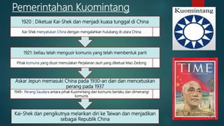 Pemerintahan Kuomintang
Kai-Shek dan pengikutnya melarikan diri ke Taiwan dan menjadikan
sebagai Republik China
Askar Jepun memasuki China pada 1930-an dan dan mencetuskan
perang pada 1937
1949 : Perang Saudara antara pihak Kuomintang dan komunis berlaku dan dimenangi
komunis
1921: beliau telah mengusir komunis yang telah membentuk parti
Pihak komunis yang diusir memulakan Perjalanan Jauh yang diketuai Mao Zedong
1920 : Diketuai Kai-Shek dan menjadi kuasa tunggal di China
Kai-Shek menyatukan China dengan mengalahkan hulubang di utara China
 