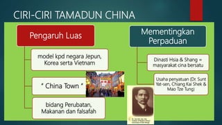 CIRI-CIRI TAMADUN CHINA
Pengaruh Luas
model kpd negara Jepun,
Korea serta Vietnam
“ China Town “
bidang Perubatan,
Makanan dan falsafah
Mementingkan
Perpaduan
Dinasti Hsia & Shang =
masyarakat cina bersatu
Usaha penyatuan (Dr. Sunt
Yat-sen, Chiang Kai Shek &
Mao Tze Tung)
 