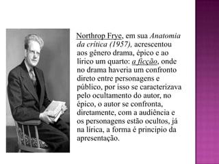 NorthropFrye, em sua Anatomia da crítica (1957), acrescentou aos gênero drama, épico e ao lírico um quarto: a ficção, onde no drama haveria um confronto direto entre personagens e público, por isso se caracterizava pelo ocultamento do autor, no épico, o autor se confronta, diretamente, com a audiência e os personagens estão ocultos, já na lírica, a forma é principio da apresentação.